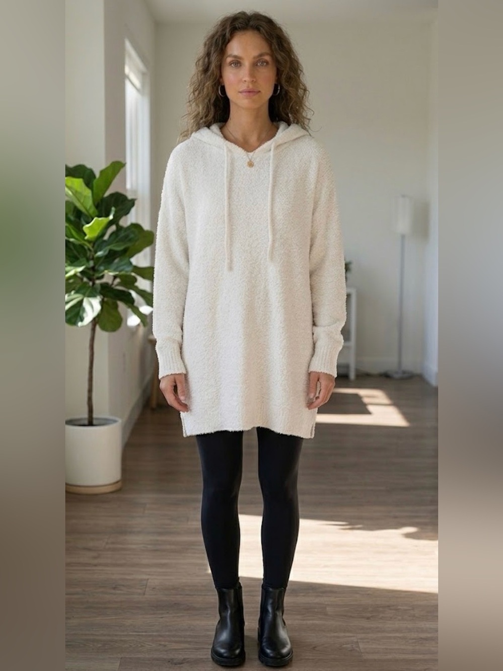 Retrod Cream Fuzzy Knit Oversized Tunic Hoodie